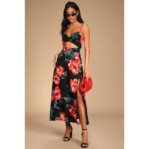 Lulus Tropical Blooms Black Floral Print Tie-back Cutout Dress - Size XXS